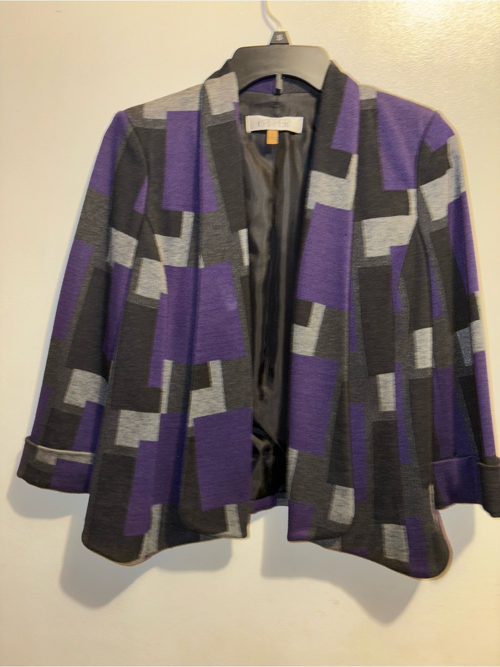 Kasper Purple, Black & Gray Geometric Open-Front Blazer